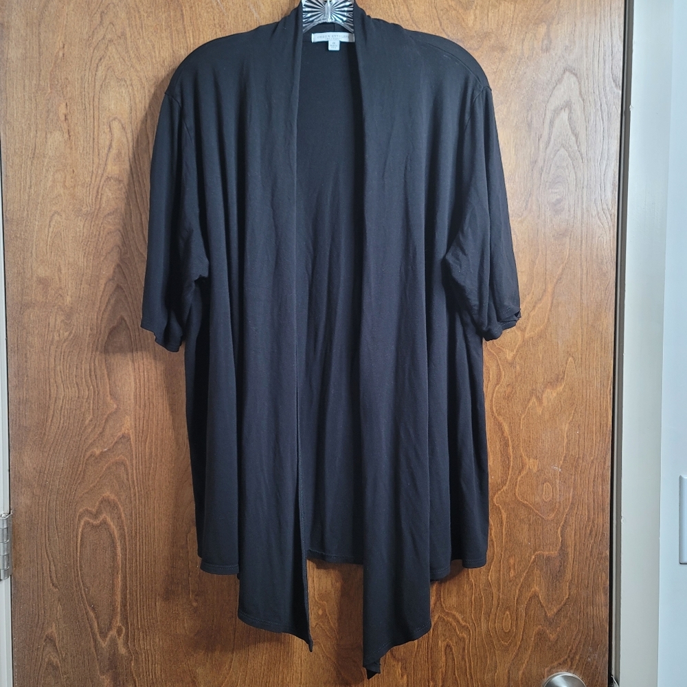 Green Envelope short sleeve open front waterfall stretch black jersey